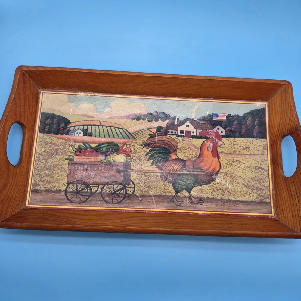 Vintage Wooden Tray Rooster Pulling Cart Farmhouse